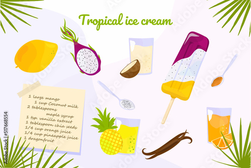 Tropical ice cream recipe illustration. Ice cream with mango, dragon fruit and chia seeds. Vanilla and maple syrup. Pineapple and orange juice in glasses. Coconut milk in a glass and half a coconut.  