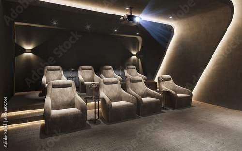 Foto 3d render of a chic home cinema room with hidden lights and velvet armchairs wit