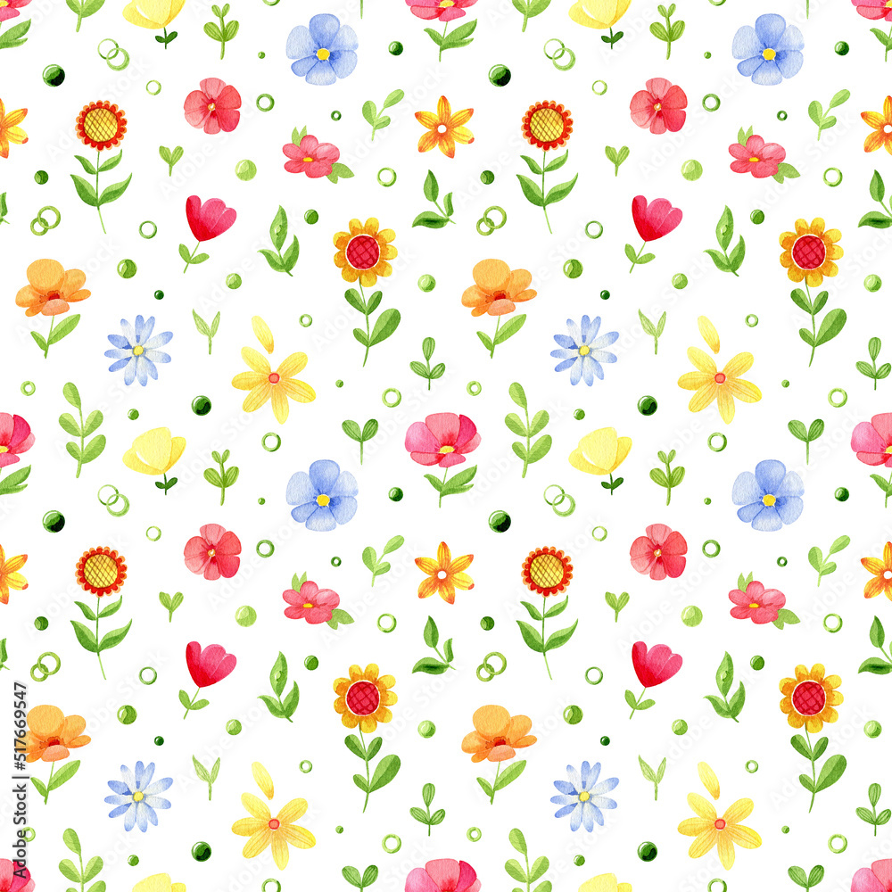 Watercolor floral seamless pattern. Cute  flowers, plants and confetti, isolated on a white background..