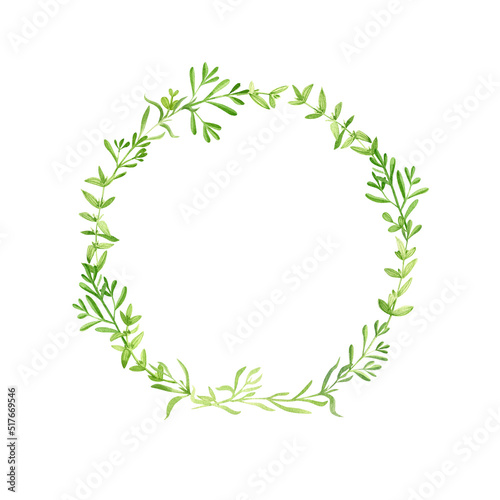  Garden greenery round frame hand drawn in watercolor. Watercolor illustration of a green floral wreath. Template for invitation and greeting card