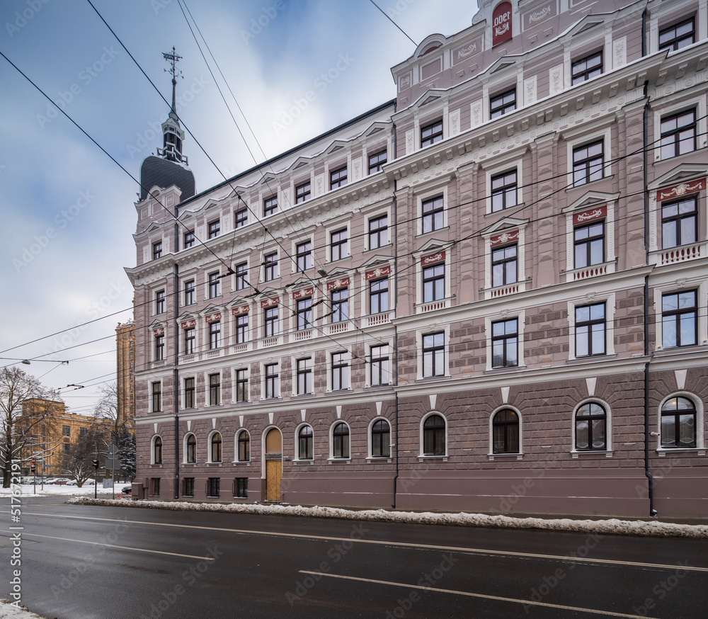 Winter cityscape of Riga. Exterior of modern residential building.