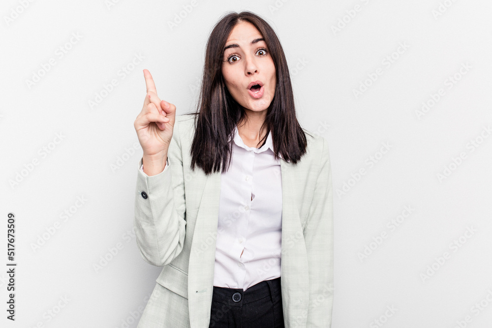 Young business caucasian woman isolated on white background having an idea, inspiration concept. Young business caucasian woman isolated on white background having an idea, inspiration concept.