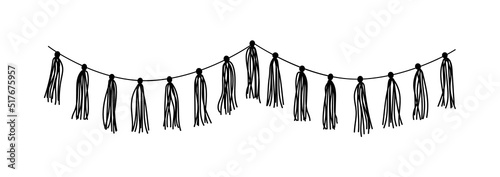 Doodle garland with tassels. Homemade garland for the holiday. Home party decoration with tassels. Vector hand drawn illustration isolated.