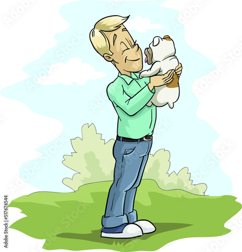 Young man, boy, playing in the park with his dog, mommy, teens, molos, mops, bulldog, vector, illustration, 