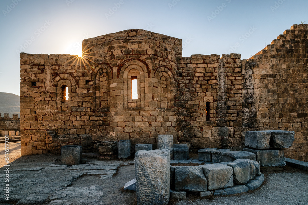 Historic building in Lindos acropolis at Rhodes island in Greece