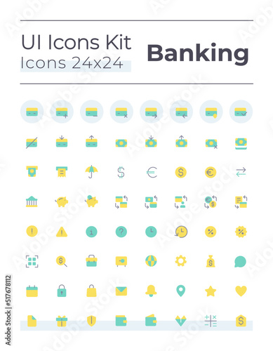 Banking and finance flat color ui icons set. Credit card operations. Money and currency. GUI, UX design for mobile app. Vector isolated RGB pictograms. Montserrat Bold, Light fonts used