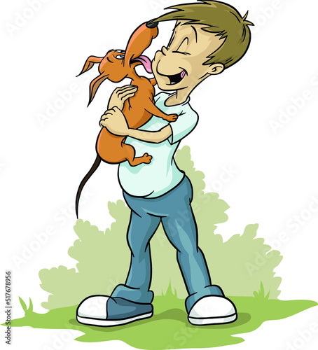 Young man, boy, playing in the park with his dog, mommy, teens, girl, dachshund hotdog hot-dog, vector, illustration, 