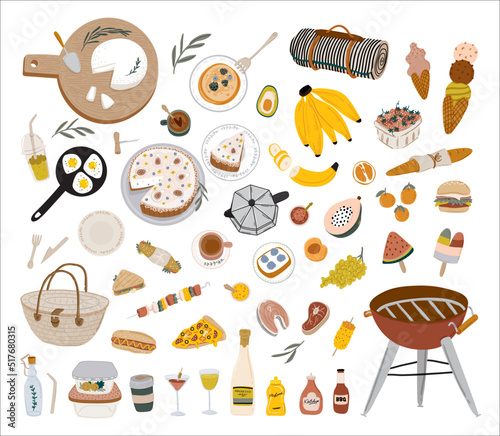 Summer picnic: fruits, berries, cake, hotdog, sandwich, bbq grill, coffee, ice cream, pie. Top view. Icon set flat design of picnic items. For banners, posters, promotion, presentation templates