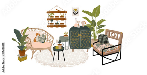 Trendy Scandinavian Urban Greenery at Home Jungle Interior with home decorations. Cozy Home Garden furnished in Hygge style. Crazy Plant Lady illustration. Isolated Vector
