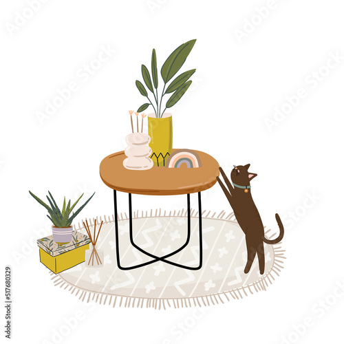 Trendy Scandinavian Urban Greenery at Home Jungle Interior with home decorations. Cozy Home Garden furnished in Hygge style. Crazy Plant Lady illustration. Isolated Vector
