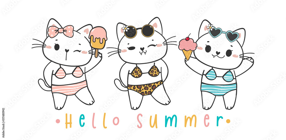 group of three cute funny summer kitten cat in colourful bikini cartoon doodle pet animal hand drawn vector