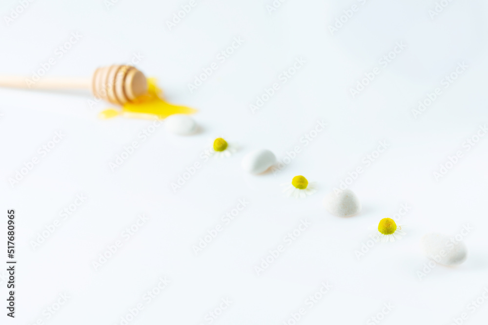 Fresh honey on a wooden stick and set of chamomile flowers and white decorative stones. soft focus Fresh honey on a wooden stick and set of chamomile flowers and white decorative stones. soft focus