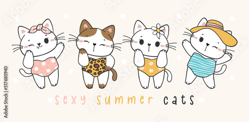 group of four cute funny summer kitten cat in colourful one piece swimsuite cartoon doodle pet animal hand drawn vector banner © Natsicha