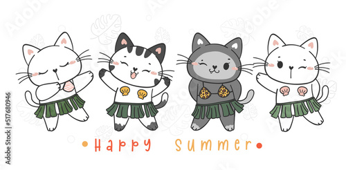 group of four cute funny tropical summer kitten cat dance in Hawaii skirt cartoon doodle pet animal hand drawn vector banner