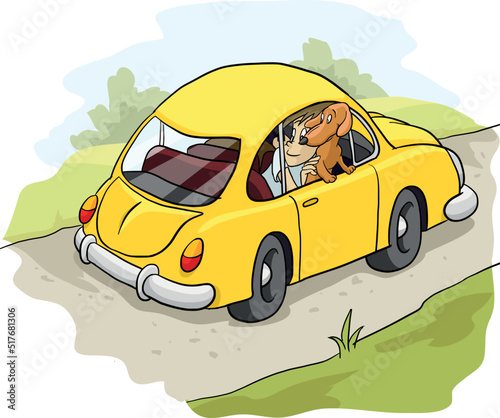 Brown dachshund  in the car. A trip on a family vacation hotdog. vector, illustration, 