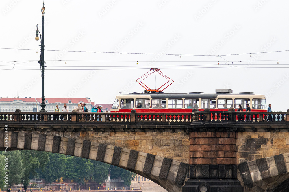 Prague tram in the historic center Prague tram in the historic center