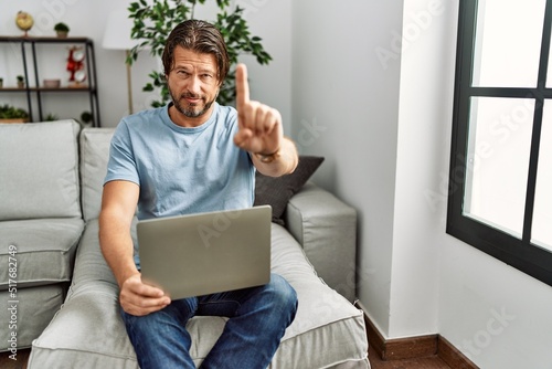 Handsome middle age man using computer laptop on the sofa pointing with finger up and angry expression, showing no gesture