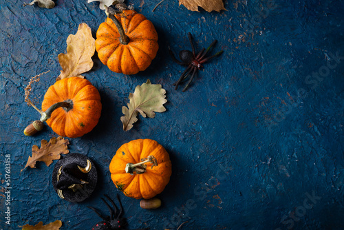Small pumpkins and leaves on dark blue surface halloween concept