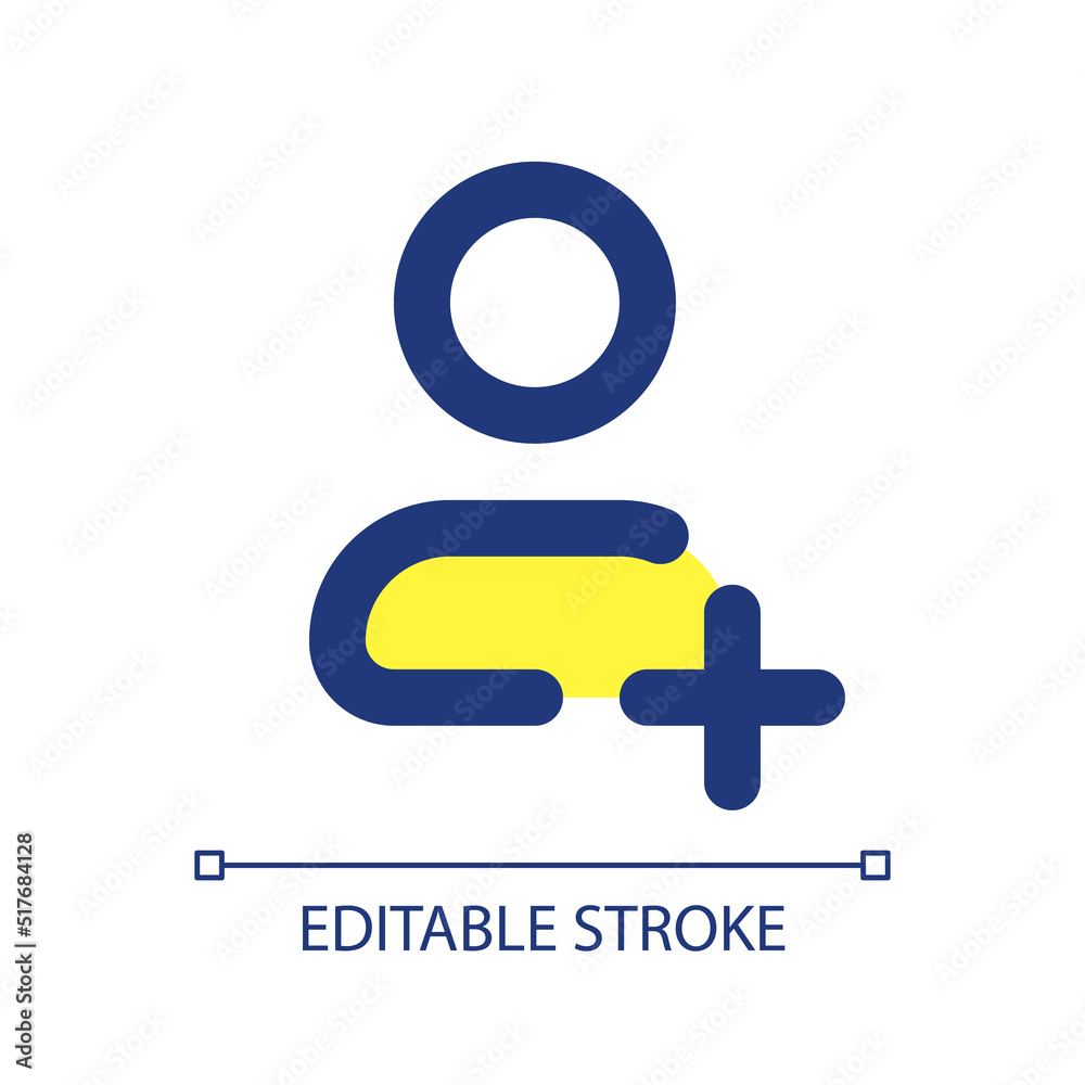 Obraz premium Add new contact pixel perfect RGB color ui icon. Create profile. Address book. Simple filled line element. GUI, UX design for mobile app. Vector isolated pictogram. Editable stroke. Arial font used