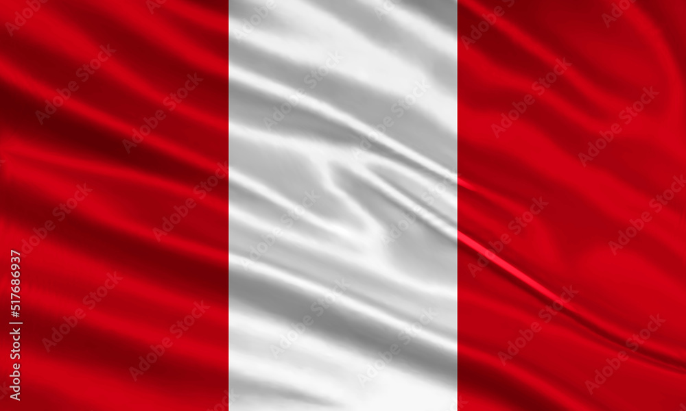 Peru flag design. Waving Peru flag made of satin or silk fabric. Vector Illustration.