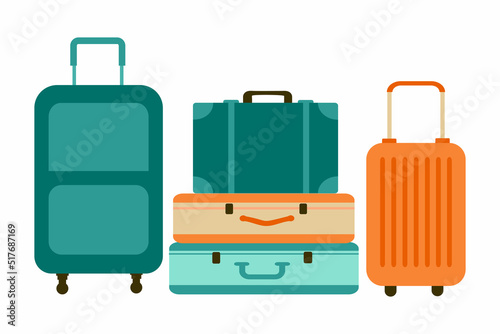 Set of suitcases for travel and vacation. Colorful color illustration isolated on white background.