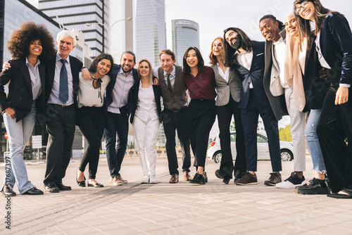 group of multiracial businessmen of different ages and cultures, in the city united