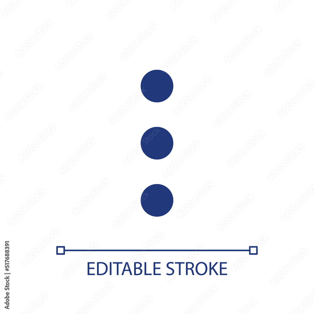 Three vertical dots menu pixel perfect RGB color ui icon. Kebab menu represent. Simple filled line element. GUI, UX design for mobile app. Vector isolated pictogram. Editable stroke. Arial font used Three vertical dots menu pixel perfect RGB color ui icon. Kebab menu represent. Simple filled line element. GUI, UX design for mobile app. Vector isolated pictogram. Editable stroke. Arial font used