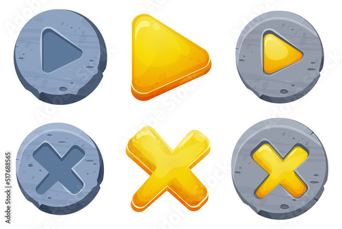 Set start and closed buttons on stone circle in comic cartoon style, ui game design element, interface object isolated on white background.
