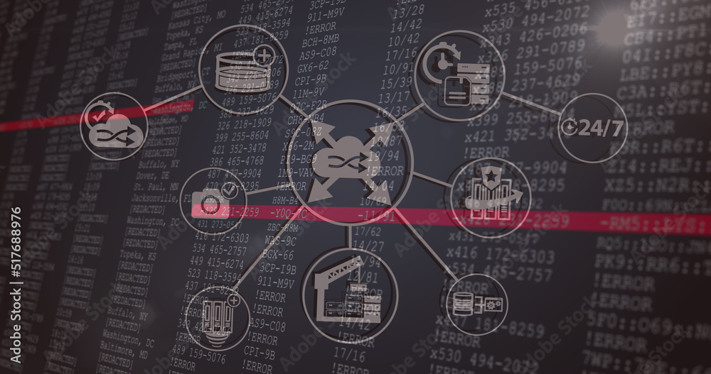 Image of falling icons over data processing on dark background Image of falling icons over data processing on dark background