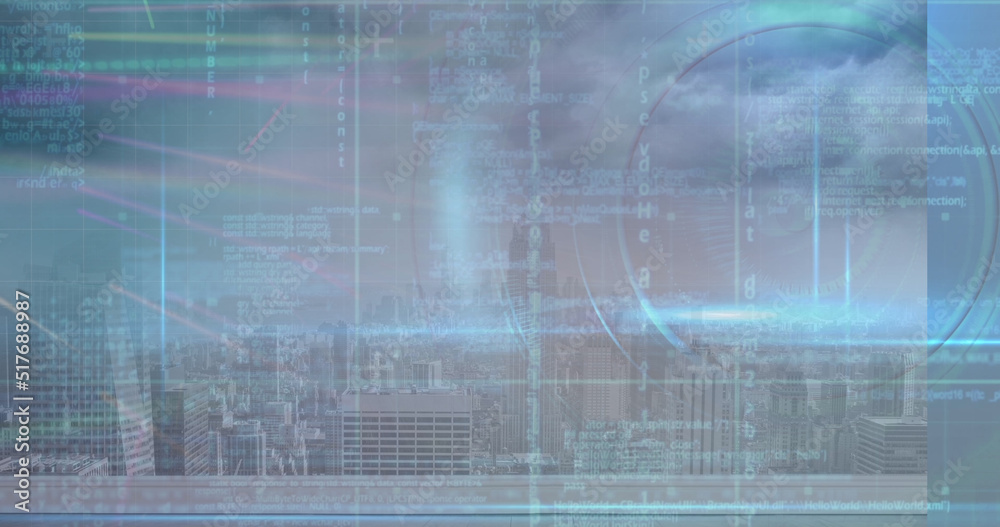 Image of financial data processing over cityscape