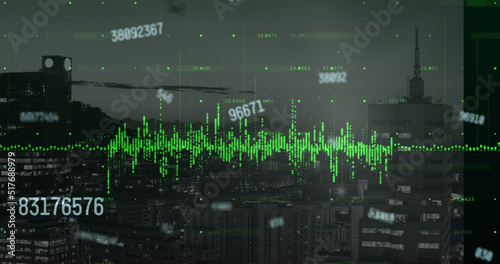 Image of financial data processing over cityscape