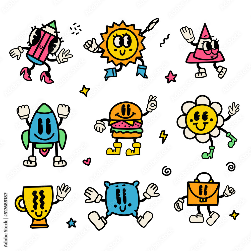 Set with retro cartoon funny comic characters with gloved hands. Contemporary mascots with cute comic faces. Vintage vector illustration.