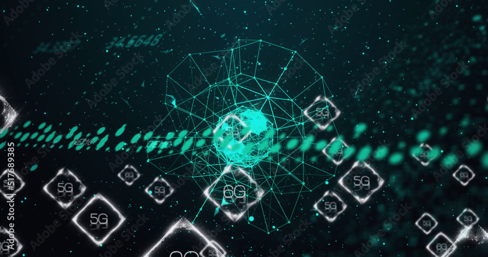 Image of 6g text over globe and data processing Image of 6g text over globe and data processing