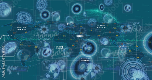 Image of world map with data processing over network of connections with icons