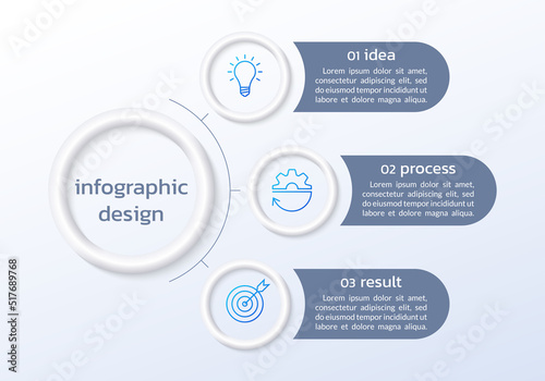 3 steps circle infographic design with business icons. 3d diagram, process, presentation template. Modern info graphic elements. Vector illustration.