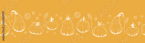 Beautiful pumpkin halloween thanksgiving seamless pattern, cute cartoon pumpkins hand drawn background, great for seasonal textile prints, holiday banners, backdrops or wallpapers - vector surface