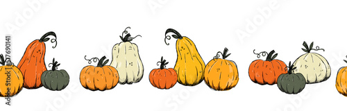 Beautiful pumpkin halloween thanksgiving seamless pattern, cute cartoon pumpkins hand drawn background, great for seasonal textile prints, holiday banners, backdrops or wallpapers - vector surface