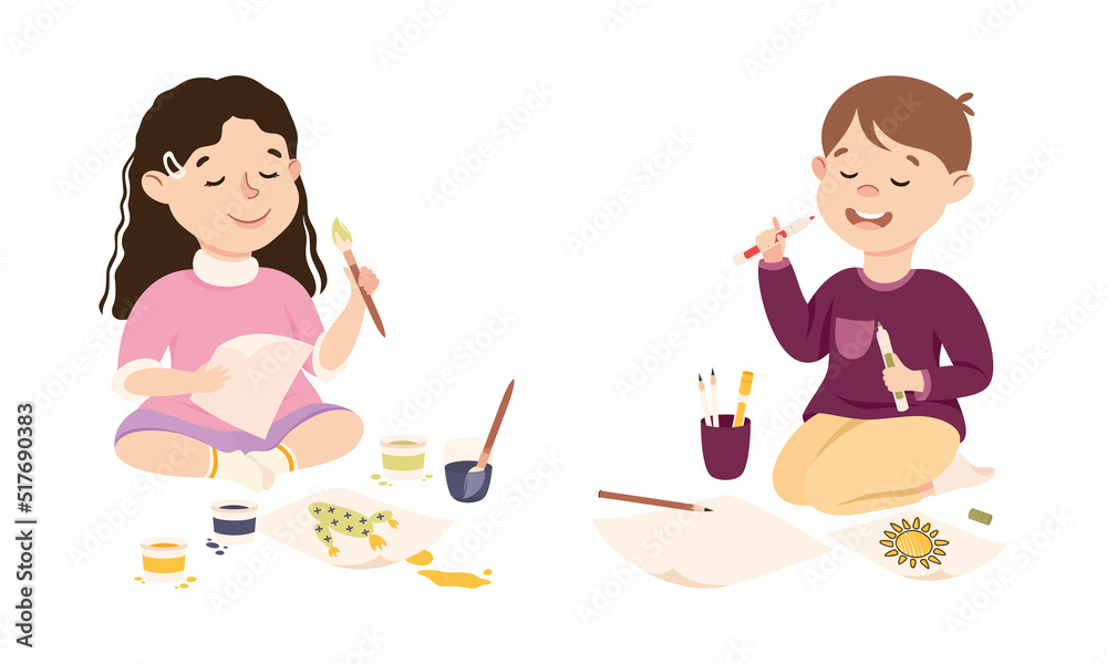 Cute girl and boy sitting on floor painting on paper. Creative kids enjoying of drawing cartoon vector illustration Cute girl and boy sitting on floor painting on paper. Creative kids enjoying of drawing cartoon vector illustration