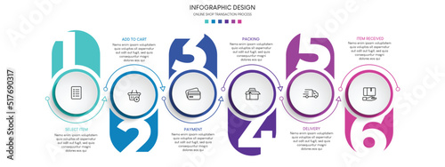 Process of online shopping with 6 steps. Steps business timeline process infographic template