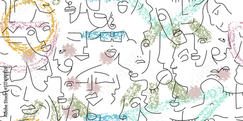 One line drawing. Abstract face seamless pattern.