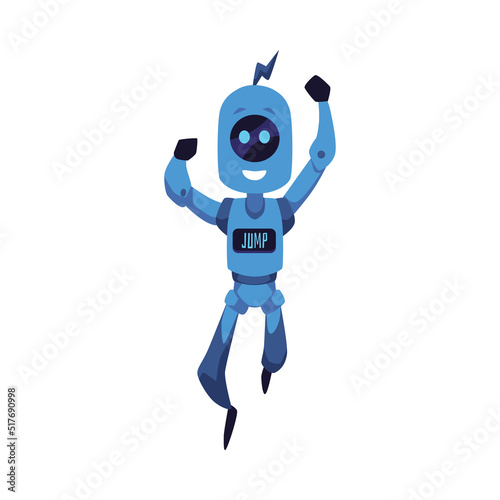 Happy futuristic robot jumping with screen on chest, cartoon flat vector illustration isolated on white background.