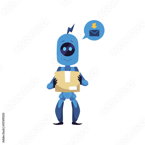 Robot deliverer holding package or box, flat vector illustration isolated on white background.