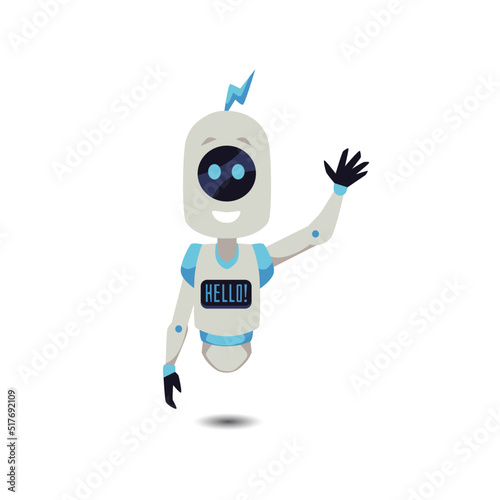 Cheerful floating robot waving hand with hello word on digital screen - flat vector illustration isolated on white.