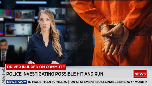 Billede på lærred Split Screen TV News Live Report: Anchorwoman Talks