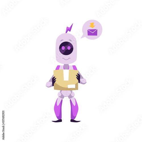 Purple mascot robot character holding cardboard box flat style
