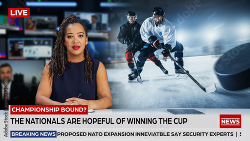 Canvas Print Split Screen TV News Live Report: Anchorwoman Talks
