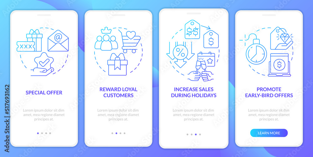 Discount policy blue gradient onboarding mobile app screen. Marketing walkthrough 4 steps graphic instructions with linear concepts. UI, UX, GUI template. Myriad Pro-Bold, Regular fonts used