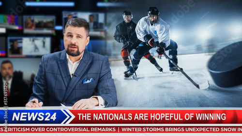 Split Screen TV News Live Report: Anchor Talks. Reportage Edit: Photo of Poster Appearing with Ice-Hockey Game Championship Match, Players Play. Television Program on Cable Channel Concept.