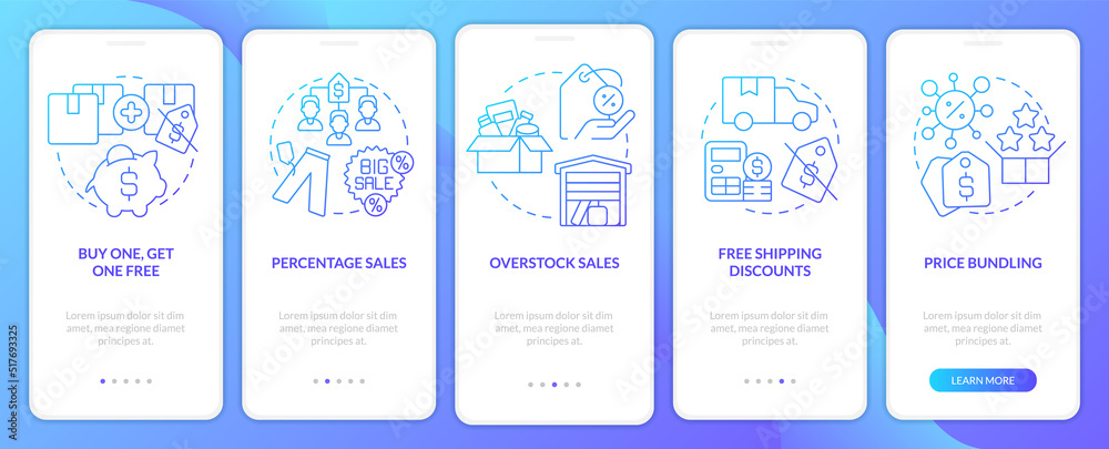 Types of discounts blue gradient onboarding mobile app screen. Motivation walkthrough 5 steps graphic instructions with linear concepts. UI, UX, GUI template. Myriad Pro-Bold, Regular fonts used