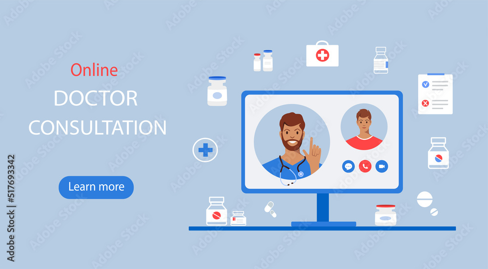 Patient consultation to the doctor by computer. Family physician with stethoscope on the computer screen. Online medical support. Ask doctor. Online doctor. Healthcare services. Patient consultation to the doctor by computer. Family physician with stethoscope on the computer screen. Online medical support. Ask doctor. Online doctor. Healthcare services.